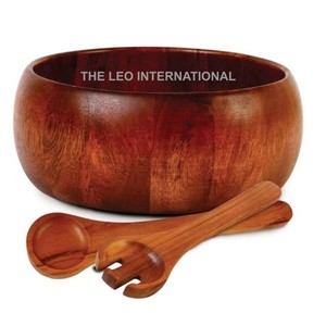 Bol à salade fini brun de forme ronde en bois avec cuillère bol décoratif de maison moderne de Style fantaisie - Product Image 1