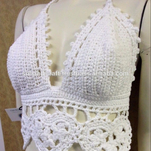 Top Halter Hecho a Mano, Estilo Bohemio Gitano, Blanco, de Ganchillo, Algodón - Product Image 1