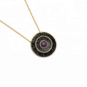 925 Sterling Silver <b>Necklace</b> with Round Cab Amethyst Gemstone Gold Plated <b>Pendant</b> Vintage Style Fashionable Wedding Gift - Product Image 1