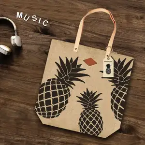 Ananas baskılı deri saplı pamuk Tote çanta