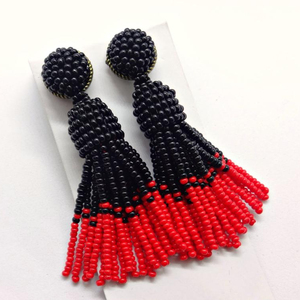 <b>Black</b> and Red Tassel <b>Earrings</b>, Beaded Tassel <b>Earrings</b> Handmade Creations - Product Image 1