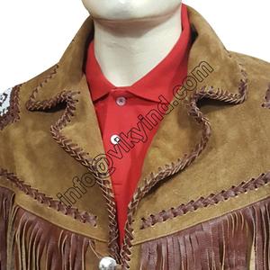 เสื้อแจ็คเก็ตหนังสไตล์คาวบอยตะวันตกสีน้ำตาลหนังกลับสำหรับผู้ชาย ลดราคาพิเศษ ขายส่ง พร้อมกระดูกและขน - Product Image 2