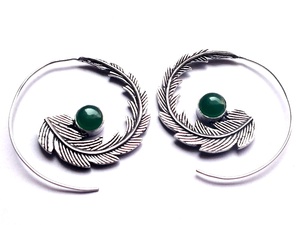 Women's Natural Stone <b>Silver</b> Spiral Earrings Bohemian Style Green Onyx <b>Hoop</b> Design Leaf Inspired Green Onyx Spiral Jewelry - Product Image 2