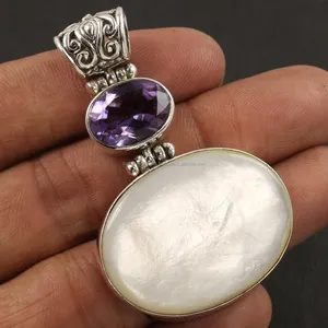 Tribal Artisan 925 Sterling Silver Pendant Natural AMETHYST & MOP Gemstones Solitaire Pendant For Women And MEn