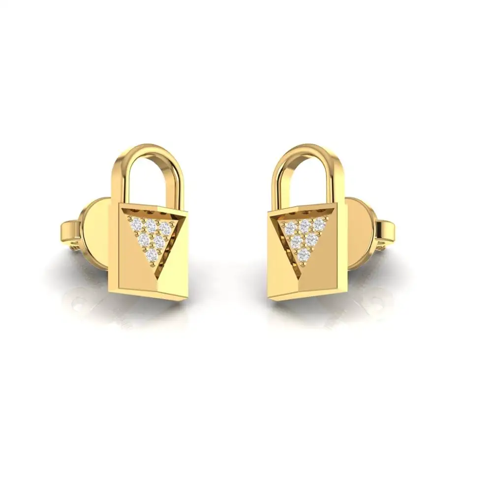 2023 Trendy Jewelry 18kt Solid Gold Lock Shape Real Diamond Stud Earrings With White Yellow Rose Gold