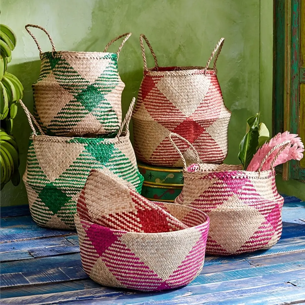 Venda quente barriga ervas marinhas cestas para armazenamento de roupas decoração home itens palha tecido plantador vietnam handmade barato atacado