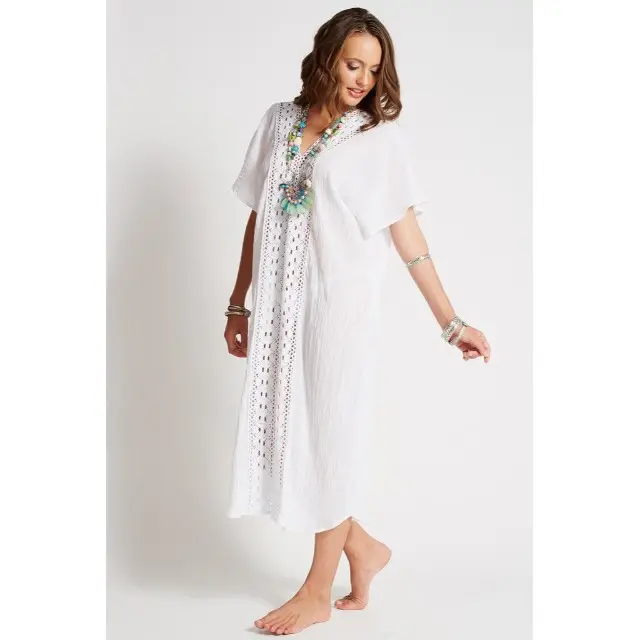 Manufacturer Wholesale Price Short Sleeves Cotton Gauze Tunic With Macrame Style Lace Fronting Long Maxi Dress