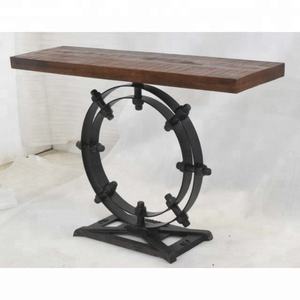 Table console américaine antique en métal avec dessus rond en bois pour décoration de salon d'hôtel Table d'appoint d'angle de couloir industriel - Product Image 1