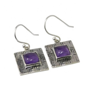 Vintage 925 argent Sterling améthyste pierre précieuse crochet boucle d'oreille argent plaqué bijoux pour femmes et filles mariages fêtes cadeau pour elle - Product Image 1