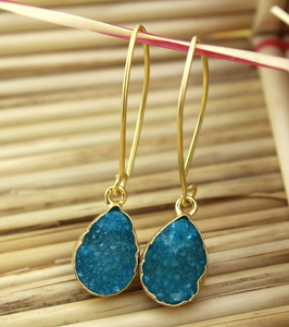 Naturel bleu sucre druzy agate boucle d'oreille long fil goutte boucle d'oreille plaqué or résine druzy boucle d'oreille bijoux - Product Image 1