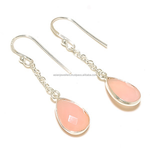 925เงินสเตอร์ลิงสีชมพู Chalcedony พลอยแฮนด์เมดที่สวยงามทองชุบ Vermeil ต่างหูห้อย - Product Image 1