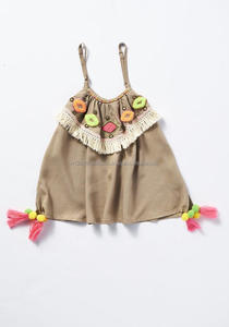 Boutique Kids Hand Embroidery & Bead Embellishment Spaghetti Strap Cute Girls Mini Dress With Fringe Lace & Tassel Pom Pom Decor - Product Image 3