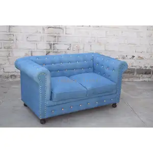 Industrial & Vintage Style Classic Retro Blue Canvas Leather Sofa