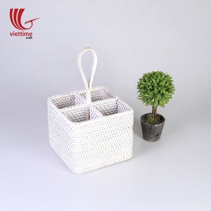 Panier à ustensiles et condiments en rotin carré blanc de haute qualité fait à la main au Vietnam pour les restaurants - Product Image 1