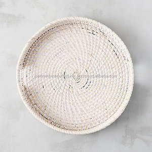 <b>White</b> Washed Color Rattan Round Tray with Handle, Crafted in Vietnam - Product Image 3