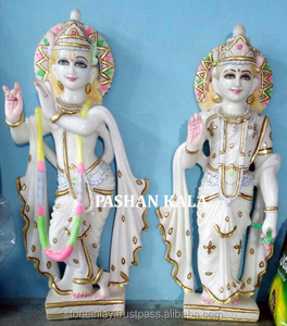 Statue en pierre blanche du dieu Hindu Shree Radha Krishna Ji, Makrana Marbke, décoration et culte sur pied, colorée, faite à la main - Product Image 1
