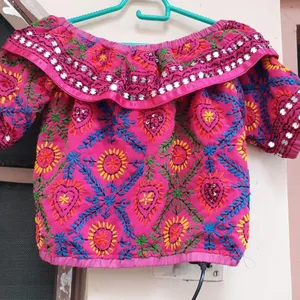 Phulkari bordados à mão Tecido De Algodão Boho Top Babado