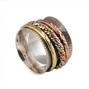 925 Sterling Silver Mixed Metal Gemstone <b>Spinner</b> <b>Ring</b> Wholesale Brass Copper Textured Wide Band Meditation Anxiety Party <b>Ring</b> - Product Image 2