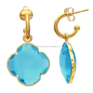 Blue Topaz CLOVER cut faceted gemstone wholesale 925 sterling silver hoop earring supplier