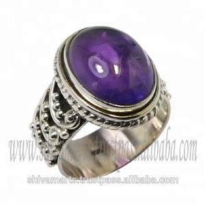 Belle bague en vermeil vintage avec pierre précieuse améthyste violette naturelle sertie en bélière, plaquée rhodium, unisexe, pour les mariages - Product Image 2