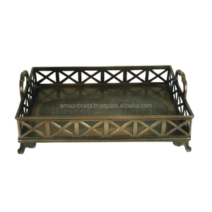 ถาดเสิร์ฟชาโลหะหรูหราถาดเสิร์ฟชาโลหะทองเหลืองทรงสี่เหลี่ยมผืนผ้าถาดตกแต่งขอบแบบกำหนดเองได้ - Product Image 1