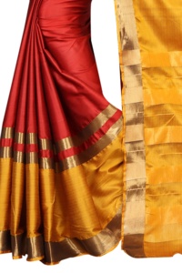 Auto Conçu Mode Coton Soie Rouge Jaune Saree Alphanumero - Product Image 2