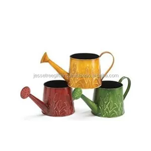 Metal Watering Cane With Red Green & Yellow Powder Coating Finishing Round Shape Embossed Design For Garden Decoration Set Of 3