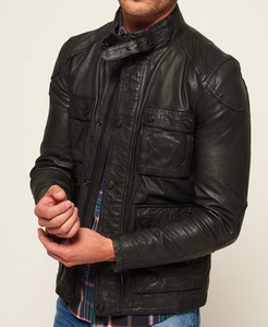 Black <b>Leather</b> <b>Jacket</b> with <b>Box</b> Pockets for Men Made in Pakistan Sialkot - Product Image 1