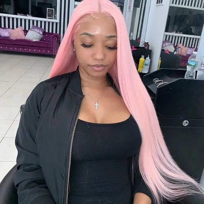 Pretty Wholesale Human Hair Pink Color Wig Brazilian Lace Frontal Wigs Pre Plucked Transparent Swiss Lace Ready to Ship