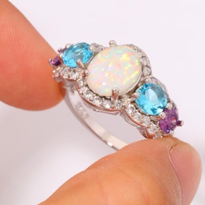 Anillo de Plata con Ópalo Blanco, Aguamarina, Amatista y Circonita para Mujer - Product Image 2