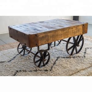 Table basse professionnelle industrielle/table basse en bois, avec roulettes en fer - Product Image 1