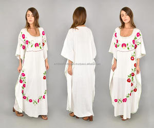Robe de plage pour femmes,, vêtements d'été, Style occidental, Sexy, incroyable, robe caftan, tendance, manches chauve-souris, fleurs brodées, Cover-Up de plage - Product Image 3