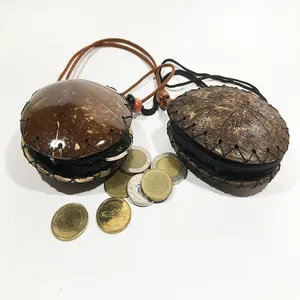 Vintage Coconut Shell Change Coin Purse Cord Strap Zip Handmade from Thailand