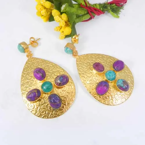 Purple Mohave Turquoise and amazonite gemstone gold plated bezel set designer stud earring