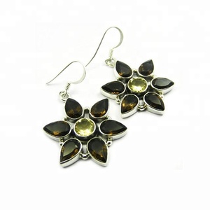 Diseño simple de Plata de Ley 925 cuarzo ahumado citrino pendiente de múltiples piedras preciosas joyería de moda para mujer - Product Image 1