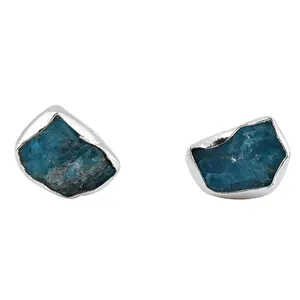 Rough Raw Stone Stud Earrings Natural Apatite Gemstone 925 Sterling Silver Jewelry