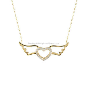 Collier à breloques en forme de cœur avec ailes d'ange en or massif 14 carats Bijoux fins pour femmes fabriqués en Turquie - Product Image 1