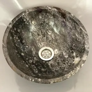 Lavabo de salle de bain rond en marbre fossile, écologique et au style unique - Product Image 2