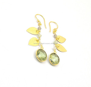 Natural Green Amethyst Quartz Gemstone Oval Shape Gold Plated Jewelry Leaf Design Beaded Rosary <b>Chain</b> <b>Hoop</b> <b>Earring</b> Set - Product Image 4