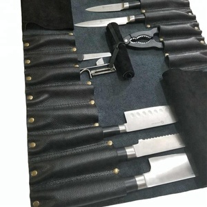 Bolsa/Estuche Enrollable para Cuchillos de Chef, de Cuero Genuino Premium Ligero, con 16 Ranuras, Color Negro - Nuevo Modelo - Product Image 1