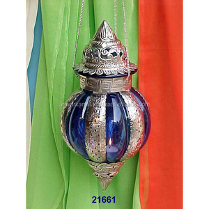 Candelabro de candelita de cristal azul y plateado grabado al por mayor, farol colgante para el hogar y la sala de estar para Navidad - Product Image 1