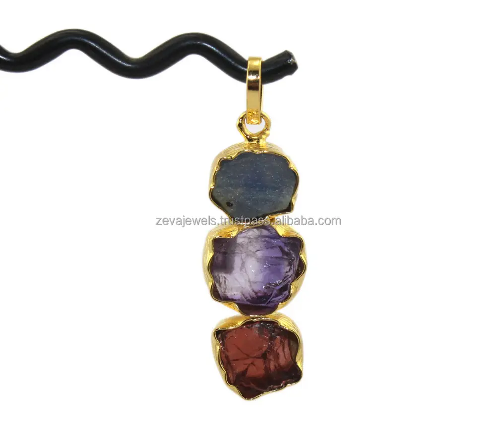 Royal Natural Raw Apatit, Garnet Zamrud Ruby Amethyst Citrine Aquamarine Liontin Berlapis Emas Liontin Batu Mentah