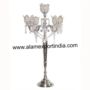 Hot Selling Vintage New Arrival Metal Aluminum 5 Arm <b>Crystal</b> <b>Ball</b> Candelabra With hang <b>Crystal</b> Beads Gold Finished Wedding Deco - Product Image 5