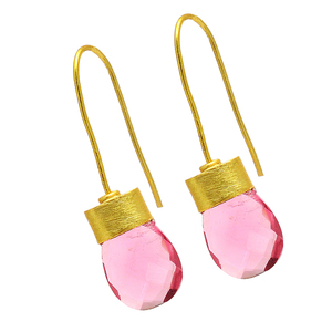 925 <b>Sterling</b> <b>Silver</b> Vintage Briolette Cut Pink Quartz Earrings Gold Plated Fixed Ear <b>Wire</b> Trendy & Stylish for Weddings Parties - Product Image 2
