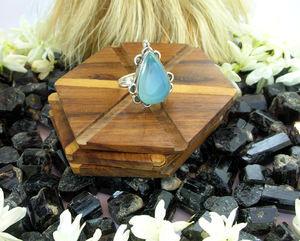 Bague de déclaration faite à la main calcédoine bleue poire pierre précieuse lunette réglage pour mariage fiançailles anniversaire cadeau - Product Image 1