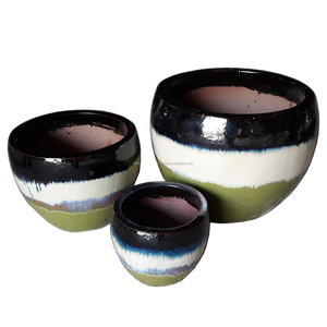 [Hannah] Maceta de cerámica esmaltada para exteriores, maceta de flores, Juego de 3, verde blanco // Proveedor de cerámica de Vietnam - Product Image 1