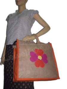 Lowellcraft.com Cotton Tote <b>Bag</b> with Embroidery Orange Trim Zipper Closure Canvas Lining-Fashion Style for Shopping - Product Image 3