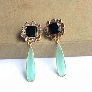 Alloy Stud <b>Earrings</b> with Black Amethyst <b>Purple</b> Aqua Blue Cluster Gemstones for Wedding Gift Engagement Parties Fashion Jewellery - Product Image 1