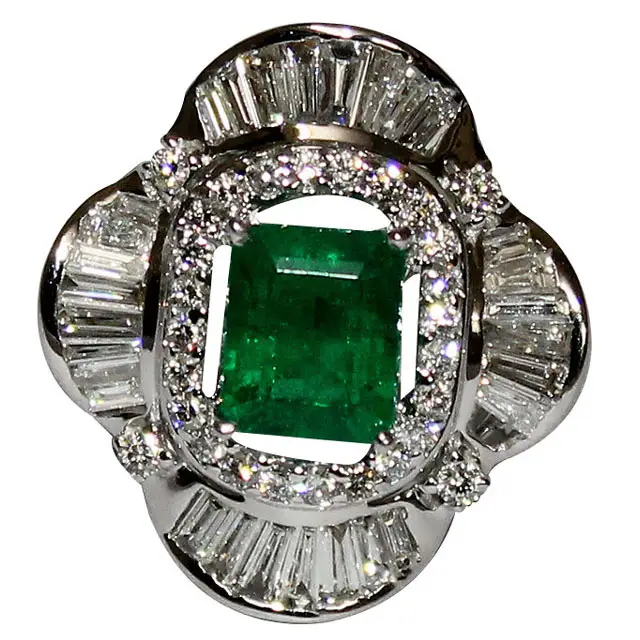 Weißgold Baguette Diamant Smaragd Edelstein Ring