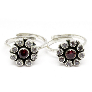 Anillo de Plata de Ley 925 con punta de gema en forma redonda, color rojo, Circonia cúbica blanca, 925 - Product Image 1